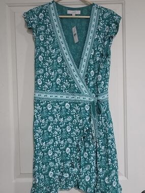 LOFT Teal and White Floral Wrap Dress